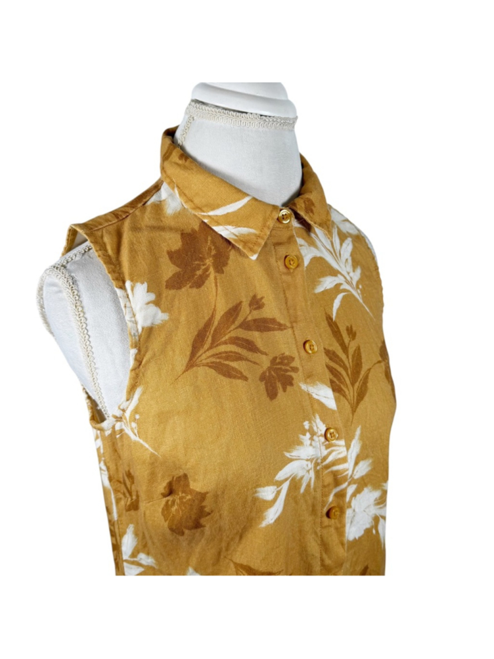 Garnet Hill Ochre Floral Sleeveless European Flax Linen Shirtdress Beachy size 6 - Picture 8 of 10